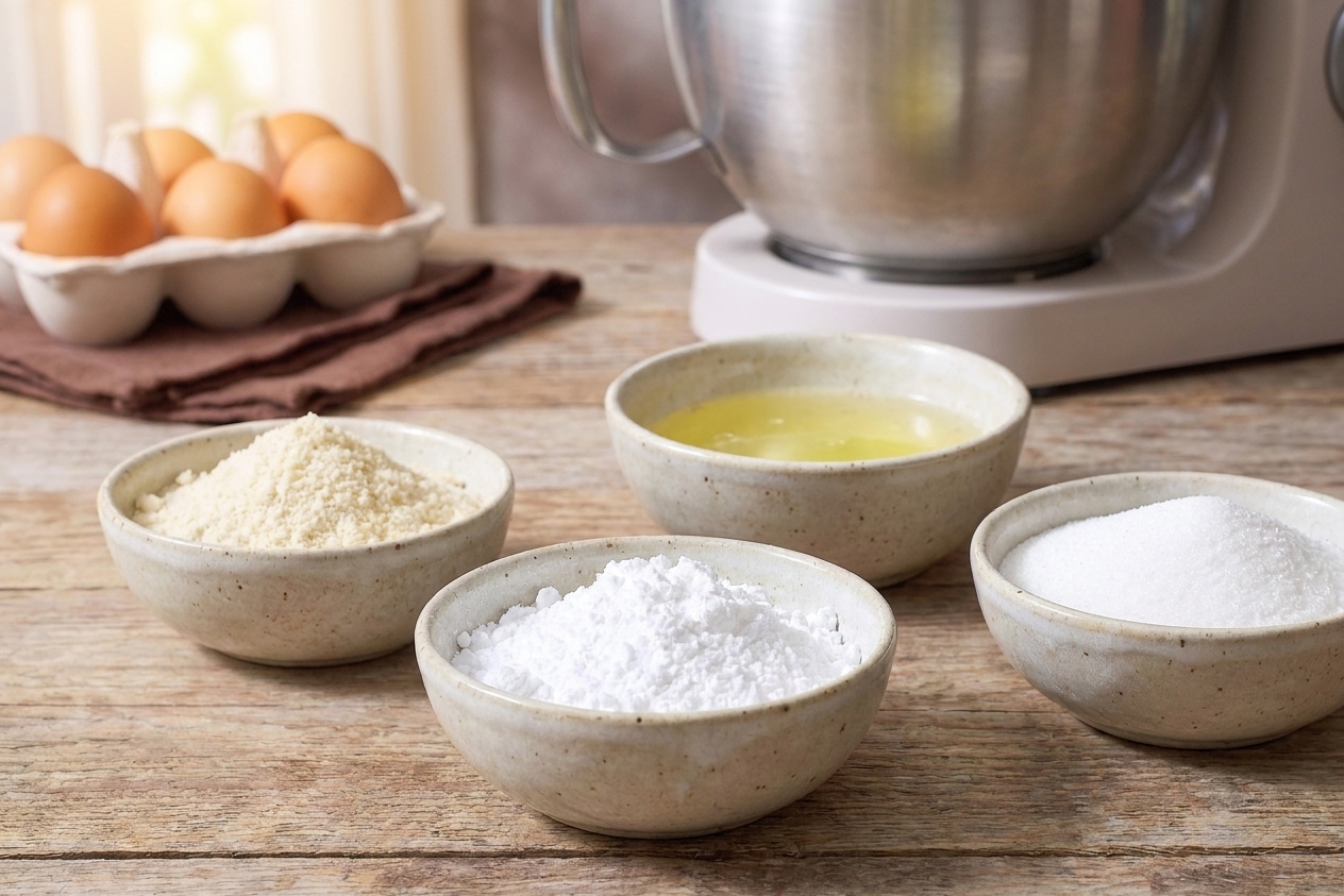 Measured bowls of almond flour, powdered sugar, egg whites, and granulated sugar arranged on a light kitchen counter