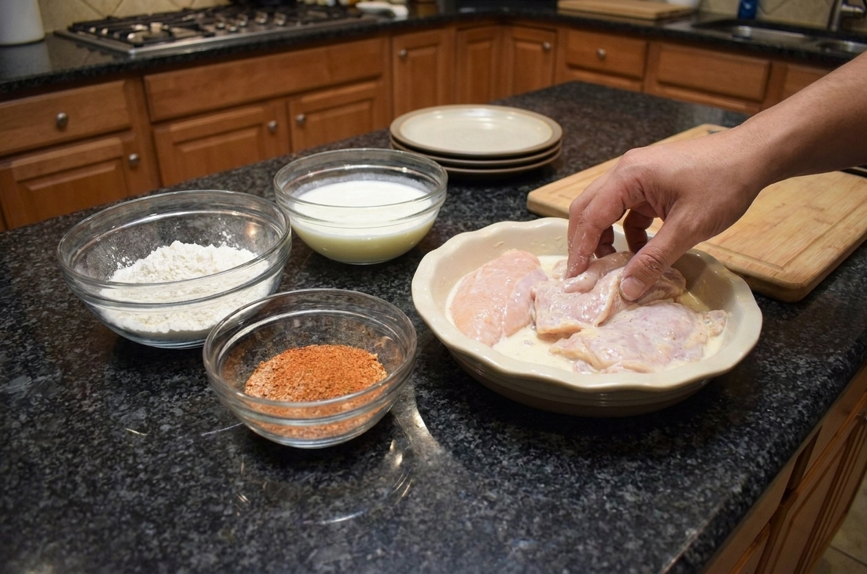 Measured bowls of flour, spices, buttermilk, and raw chicken pieces arranged on a clean kitchen counter under soft warm light