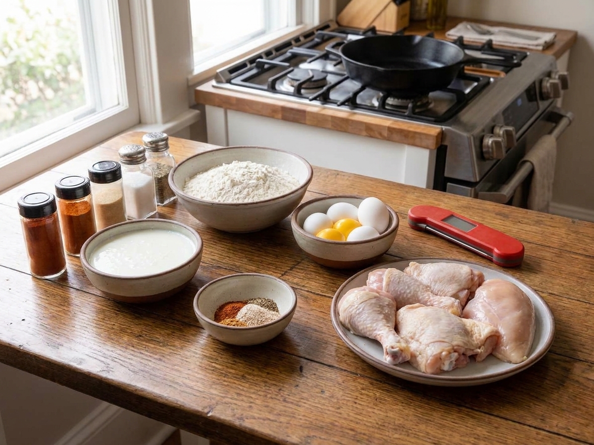 Measured bowls of flour, spices, buttermilk, eggs, and raw chicken pieces arranged on a clean kitchen counter