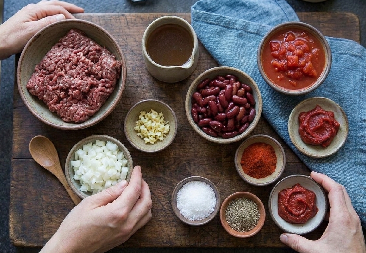 Measured bowls of ground venison, diced onion, minced garlic, spices, canned tomatoes, beans, and broth laid out and ready to cook