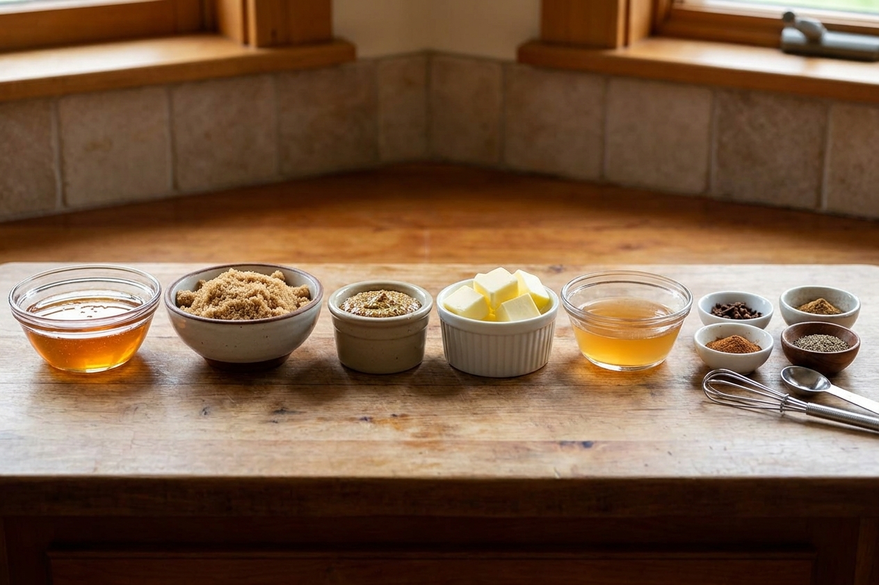 Measured bowls of honey, brown sugar, Dijon mustard, butter, vinegar, and spices lined up on a kitchen counter
