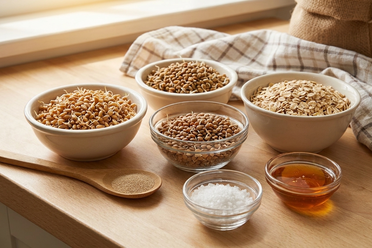 Measured bowls of sprouted wheat berries, sprouted lentils, oats, yeast, salt, and honey arranged and ready to use