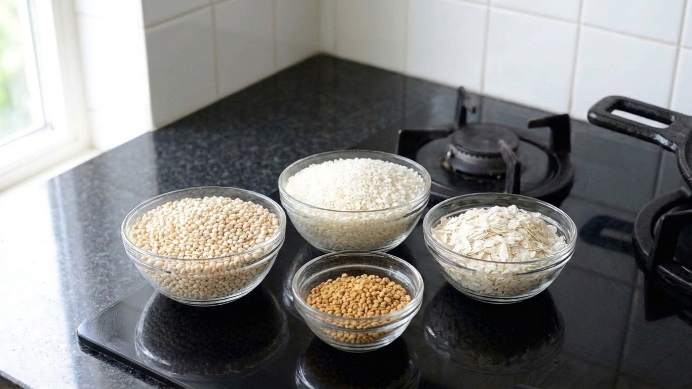Measured bowls of urad dal, idli rice, fenugreek seeds, and poha arranged on a clean countertop