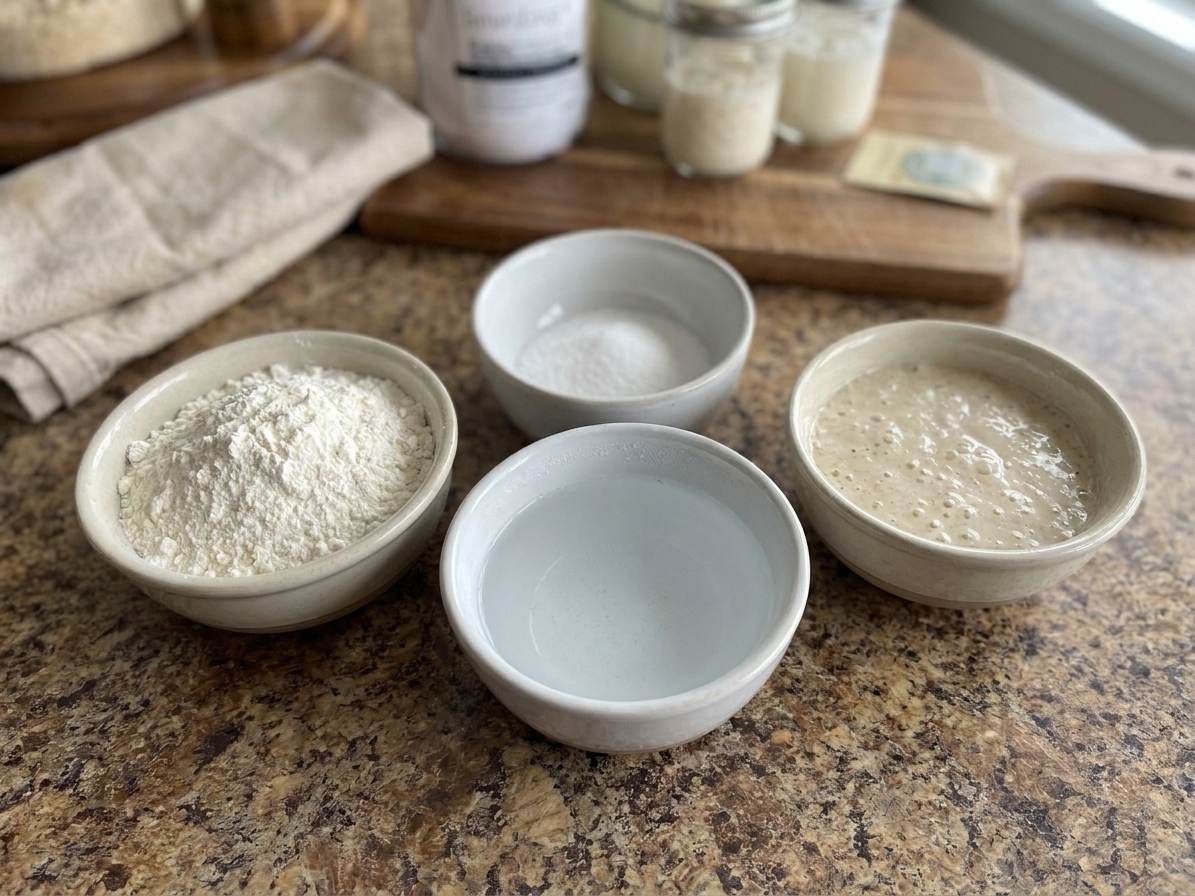 Measured bread flour, salt, warm water, and sourdough starter arranged on a kitchen counter in small bowls