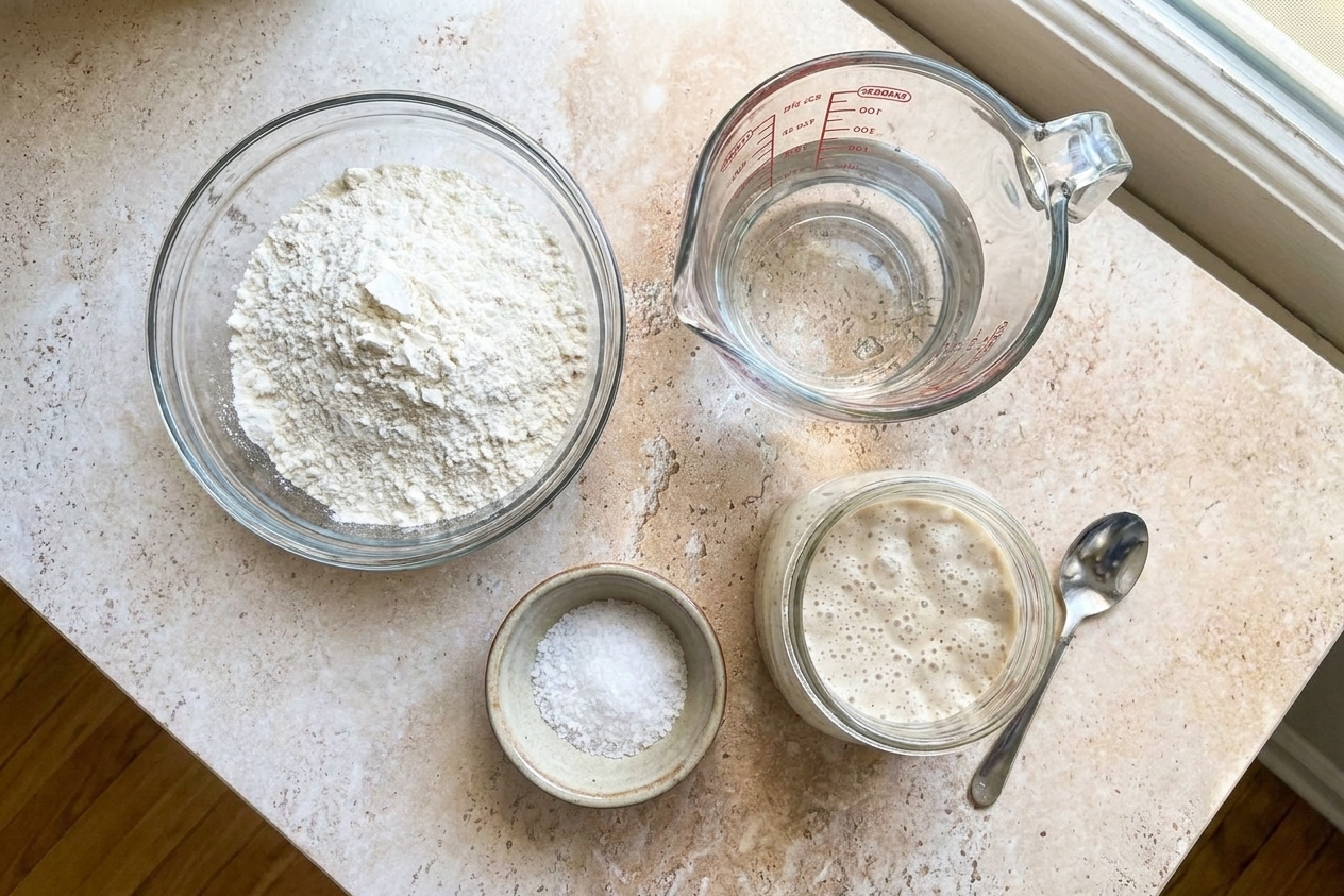 Measured bread flour, water in a measuring cup, salt in a small bowl, and active sourdough starter on a kitchen counter