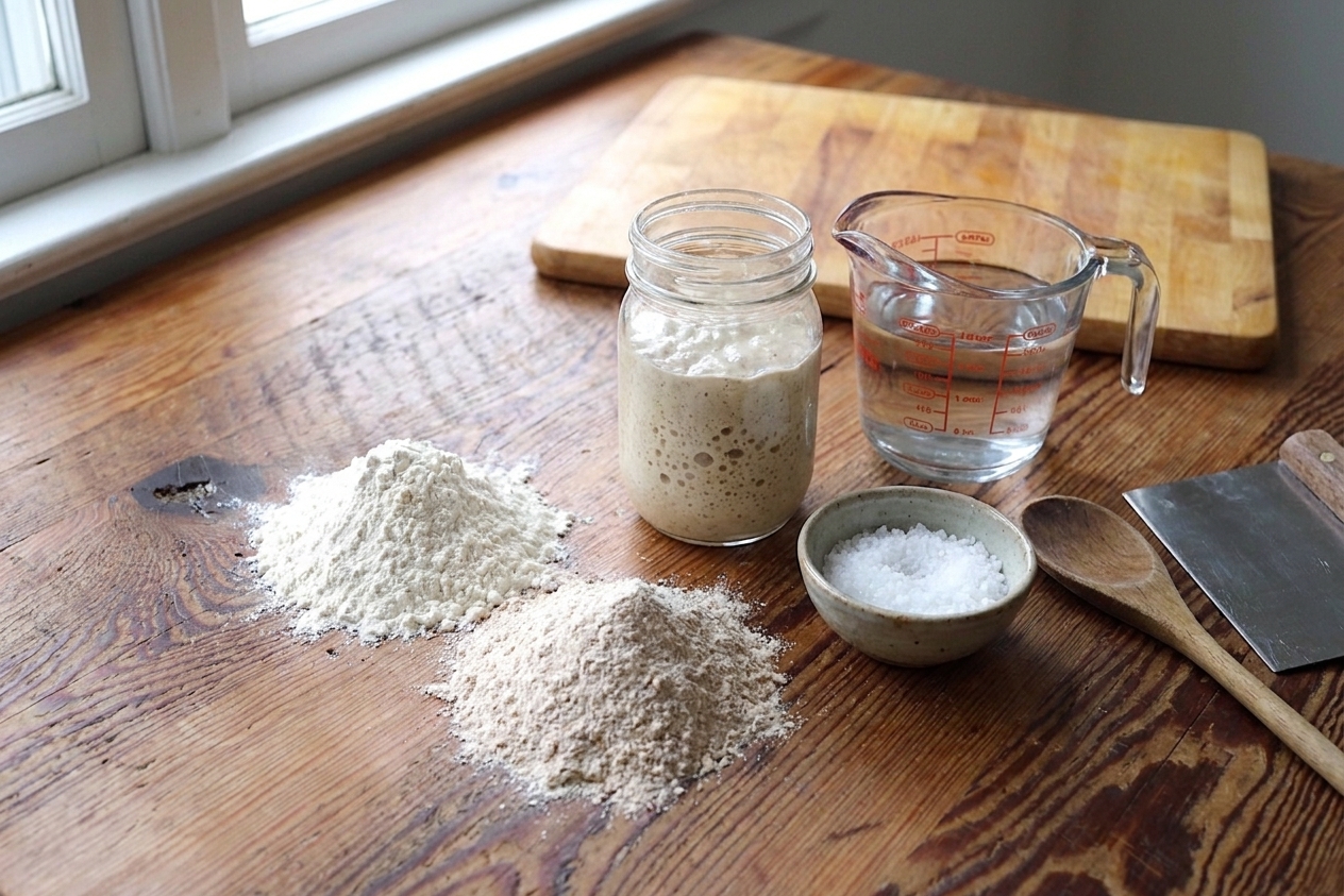 Measured bread flour, whole wheat flour, a jar of bubbly sourdough starter, salt, and water arranged on a clean kitchen counter