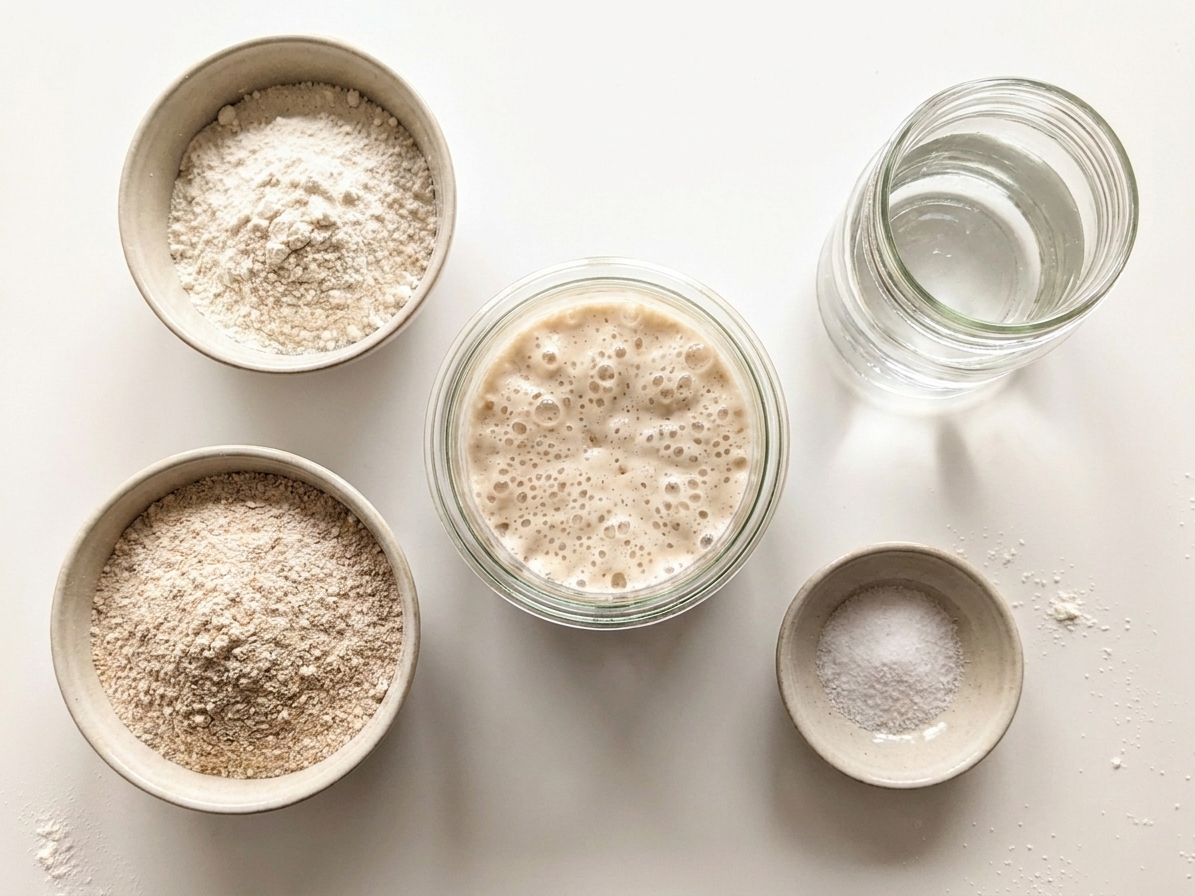 Measured bread flour, whole wheat flour, salt, water, and a jar of active sourdough starter arranged on a kitchen counter