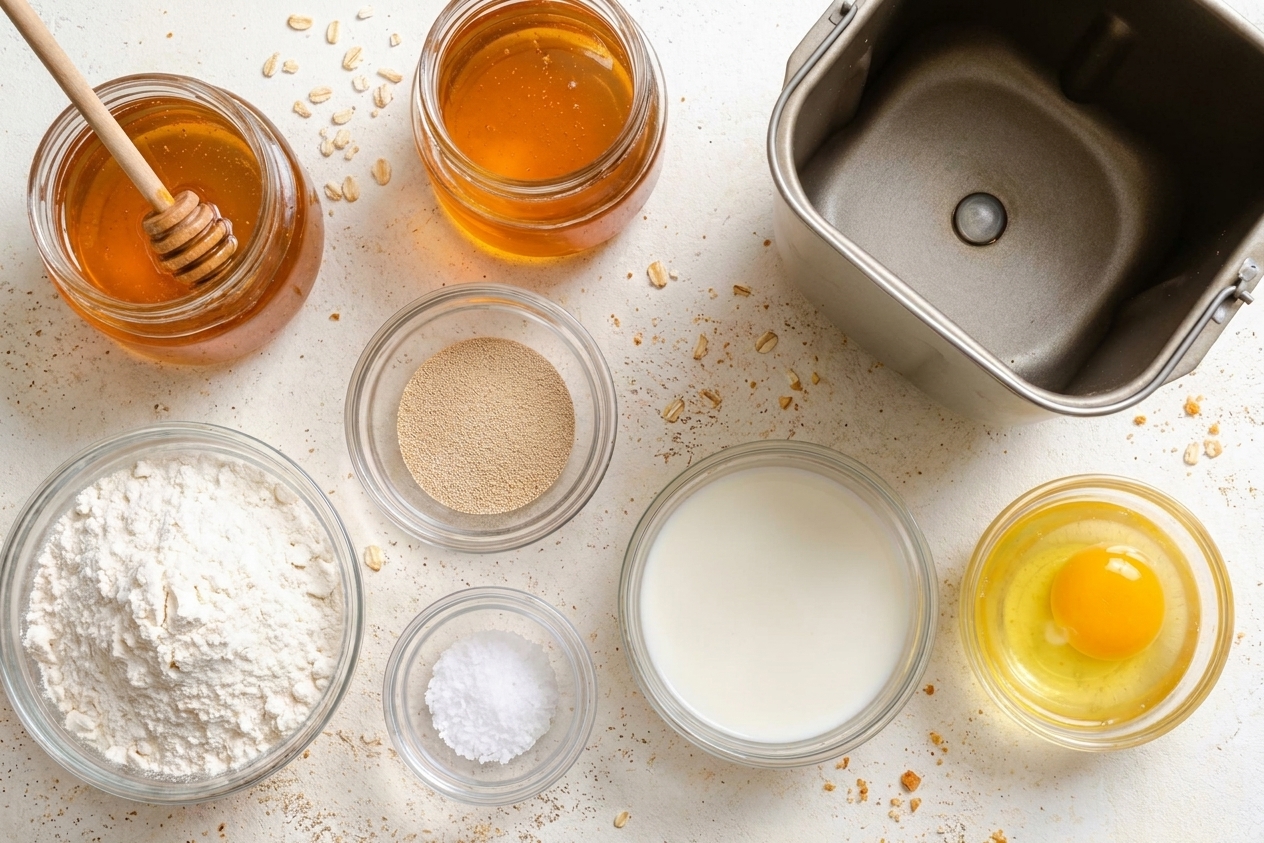 Measured bread ingredients including flour, oats, honey, milk, butter, egg, salt, and yeast arranged on a kitchen counter next to a bread maker pan