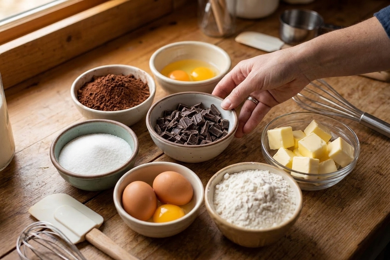Measured brownie ingredients in small bowls, including cocoa powder, chopped chocolate, sugar, eggs, flour, and butter arranged on a tidy kitchen counter in consistent warm lighting
