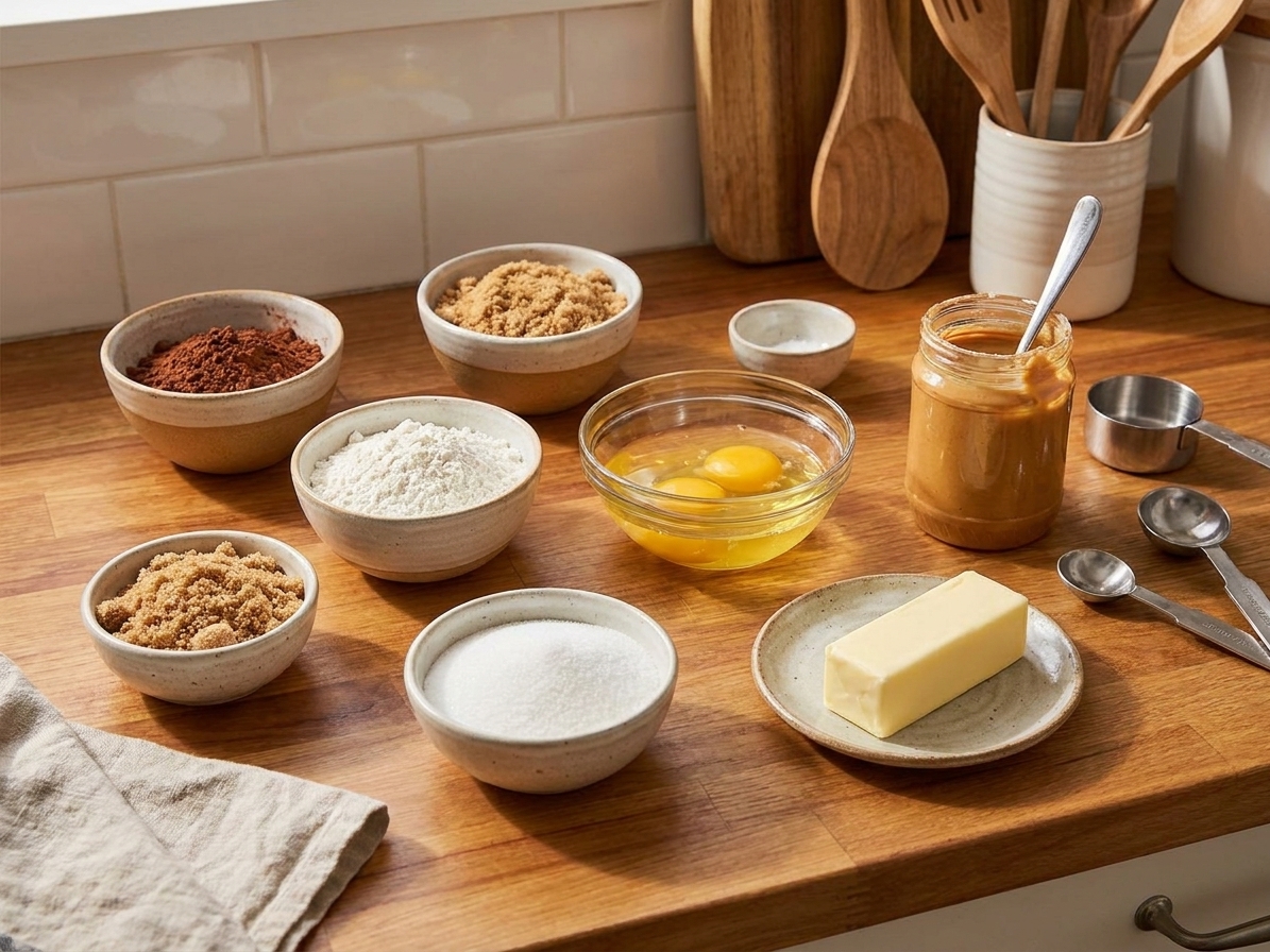 Measured brownie ingredients including cocoa powder, flour, sugar, eggs, butter, and peanut butter arranged on a tidy kitchen counter