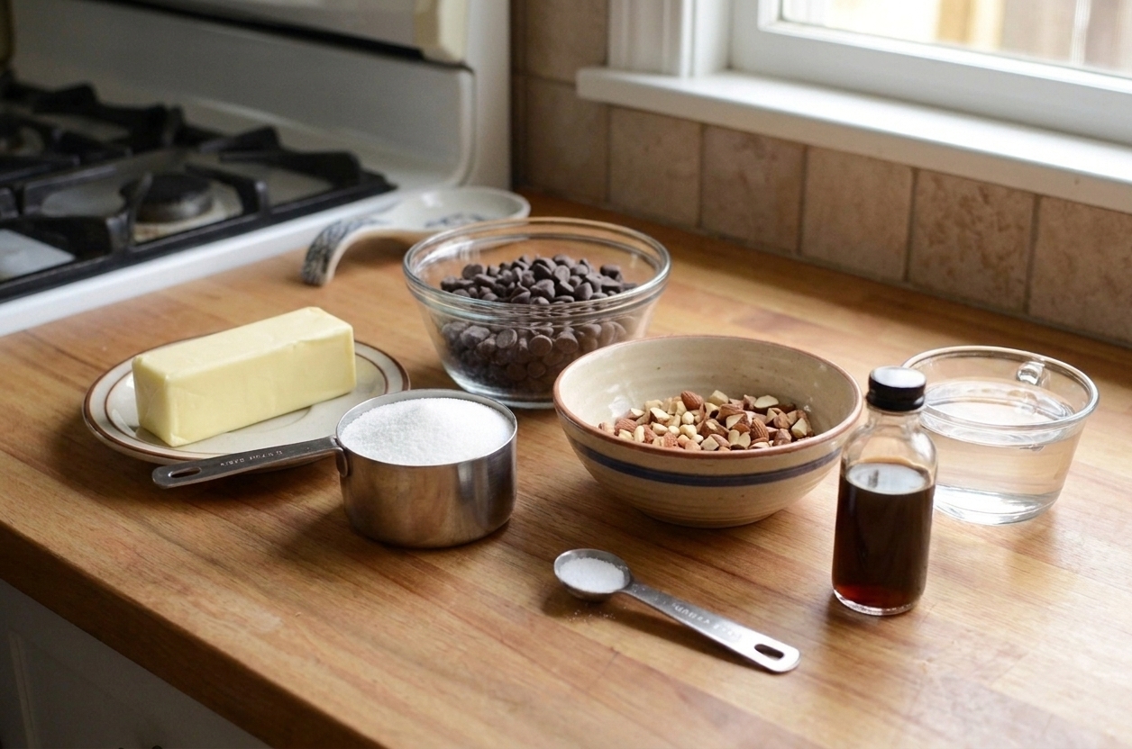 Measured butter, granulated sugar, water, salt, vanilla, chocolate chips, and chopped toasted nuts arranged on a clean kitchen counter