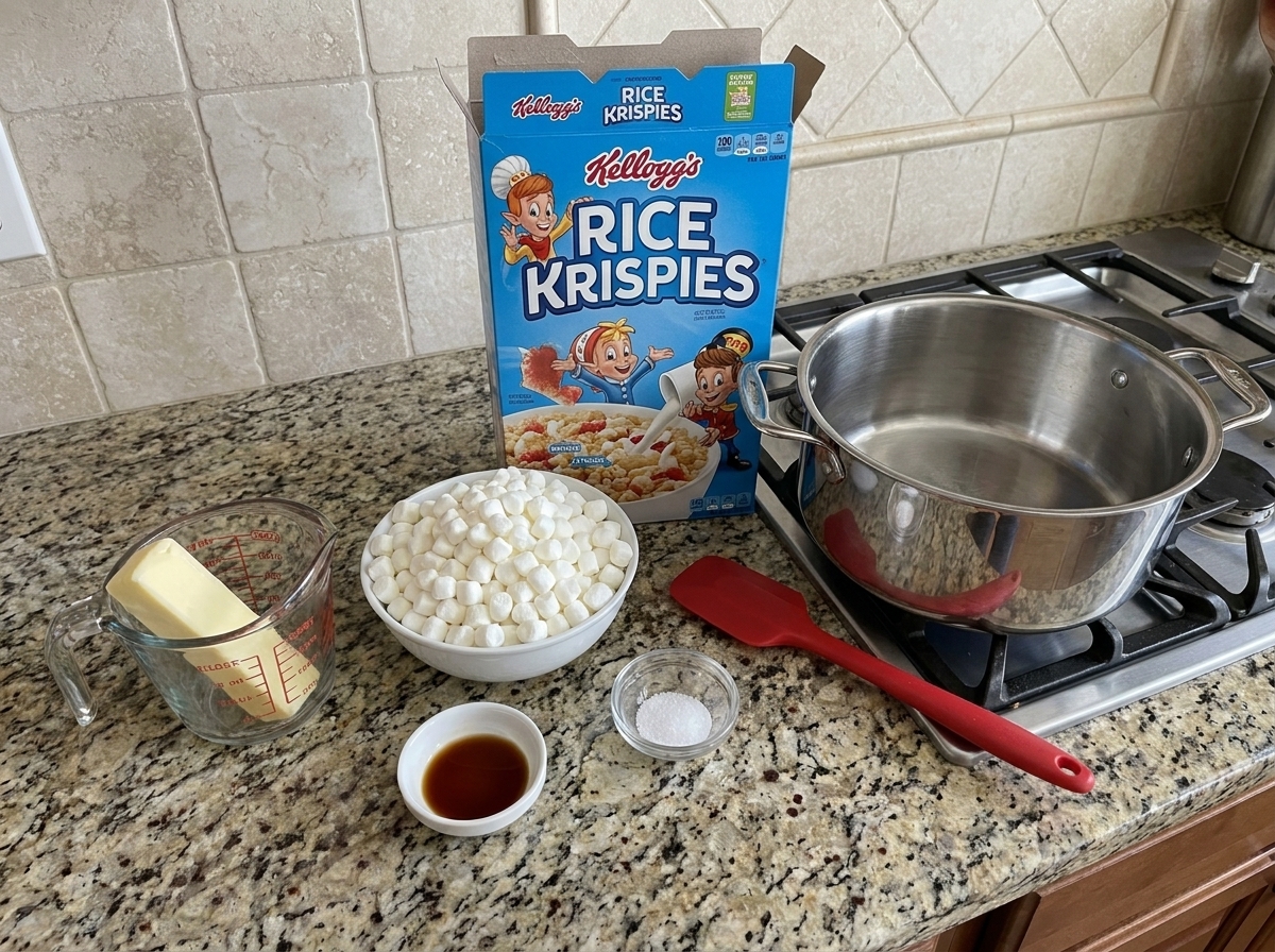 Measured butter, mini marshmallows, vanilla, salt, and Rice Krispies cereal on a clean kitchen counter ready for making bars