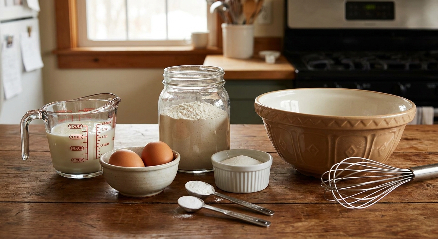 Measured buttermilk, eggs, flour, sugar, baking powder, and baking soda arranged on a clean kitchen counter with a mixing bowl and whisk nearby