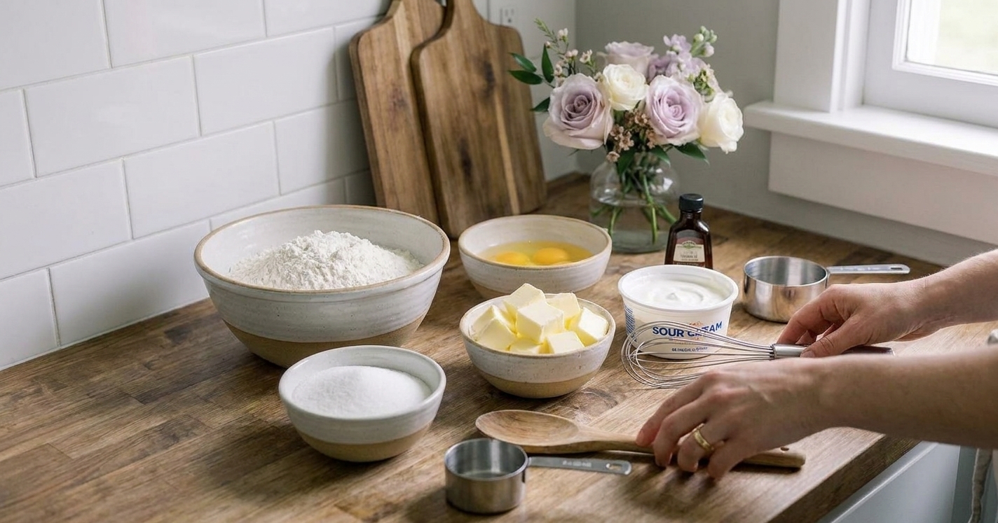 Measured cake ingredients including flour, sugar, butter, eggs, sour cream, and vanilla arranged with mixing bowls