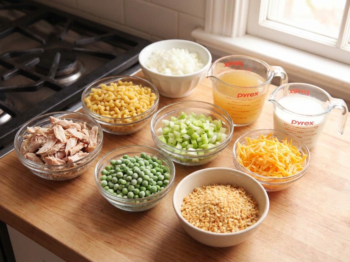 Measured casserole ingredients on a kitchen counter including shredded turkey, pasta, frozen peas, diced onions, broth, milk, cheddar, and breadcrumbs in small bowls