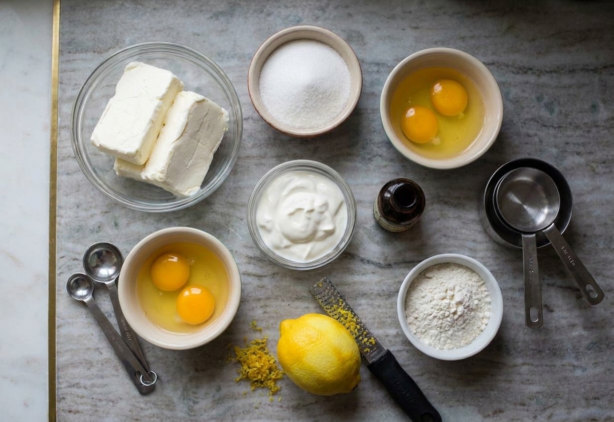 Measured cheesecake filling ingredients on a kitchen counter including cream cheese, sugar, eggs, sour cream, vanilla, lemon, and flour in small bowls.