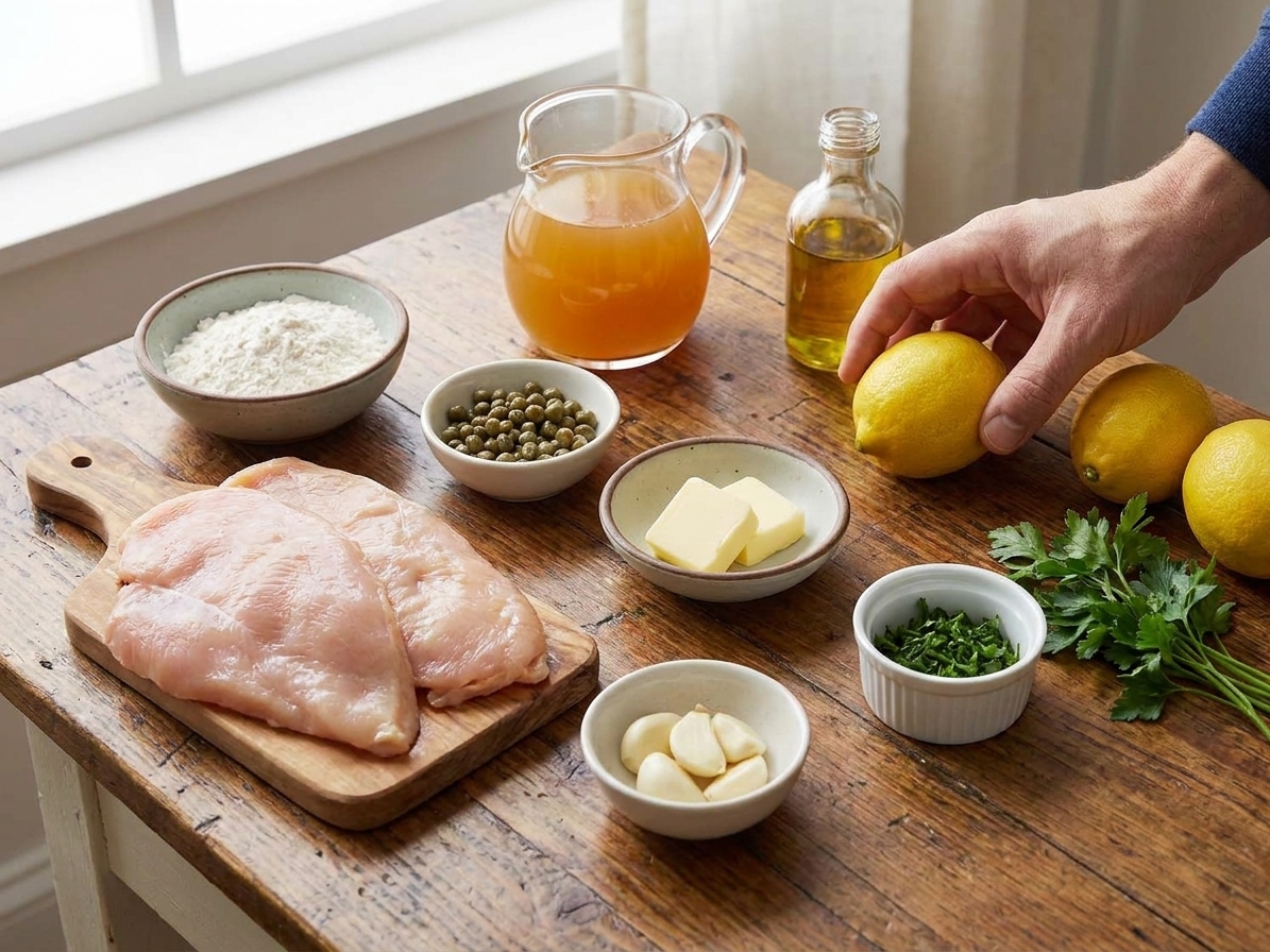 Measured chicken piccata ingredients on a kitchen counter including chicken cutlets, lemons, capers, garlic, flour, butter, olive oil, parsley, and a small pitcher of chicken stock