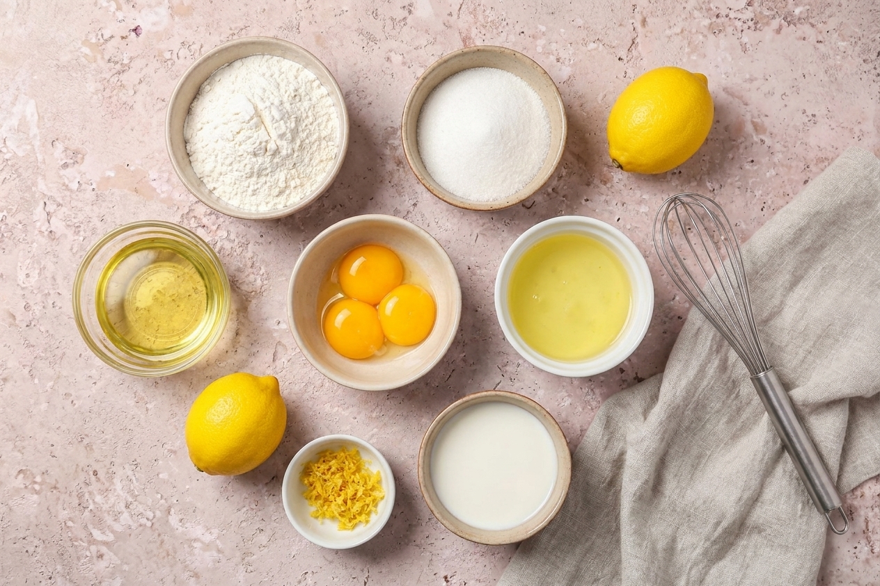 Measured chiffon cake ingredients in small bowls on a bright kitchen counter, including flour, sugar, eggs, oil, milk, and a lemon