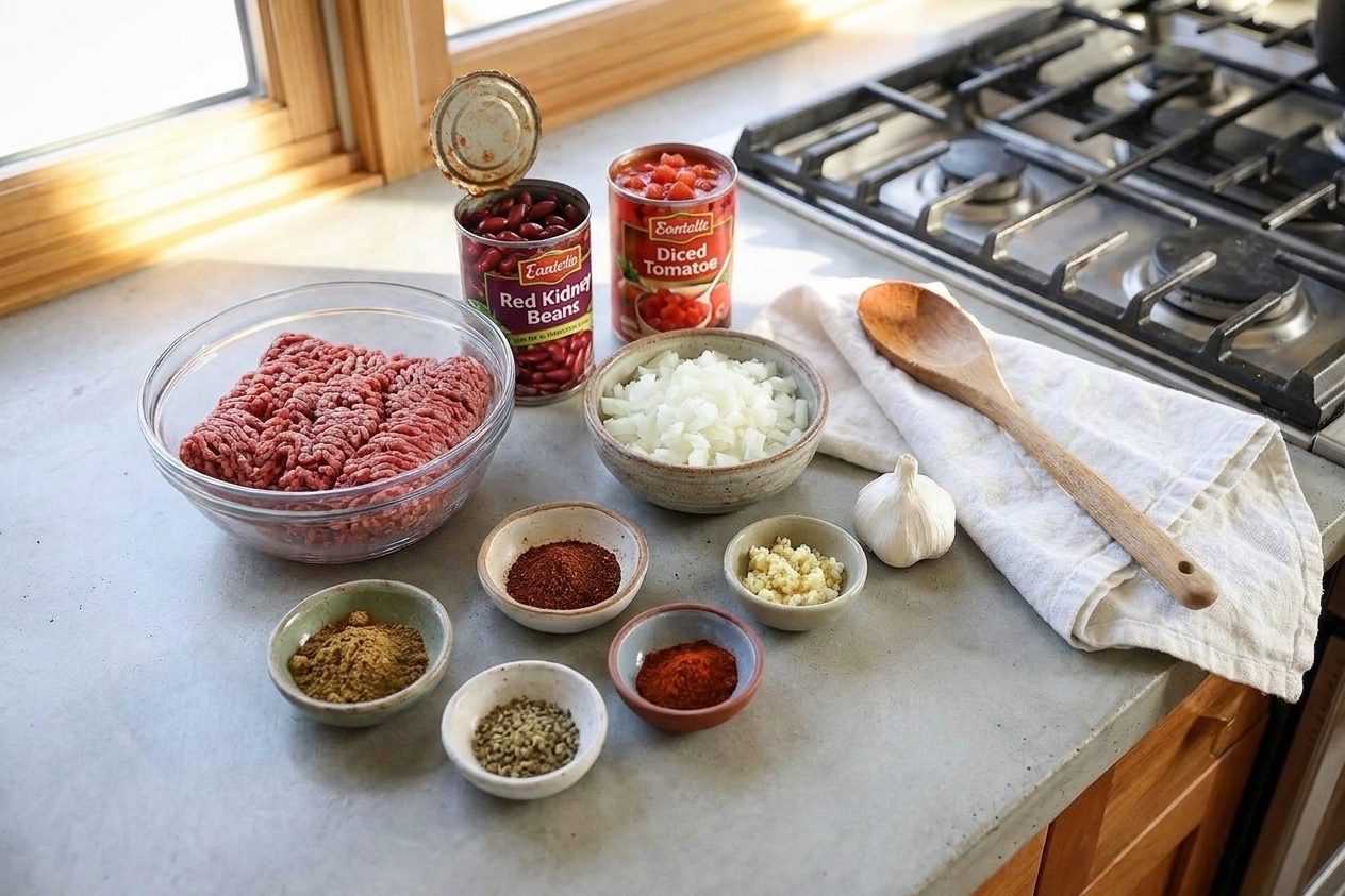 Measured chili ingredients like ground beef, canned beans, canned tomatoes, diced onion, garlic, and small bowls of spices arranged on a clean kitchen counter