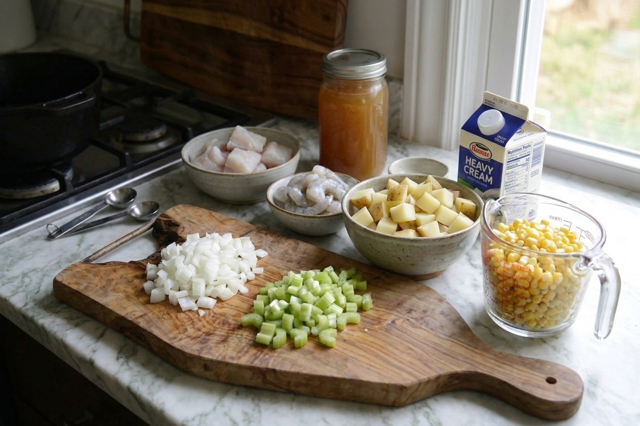Measured chowder ingredients on a clean kitchen counter including chopped onion, celery, diced potatoes, corn, shrimp, fish, broth, and cream