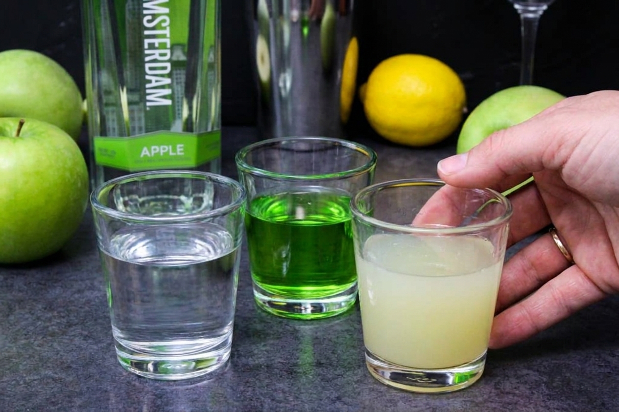 Measured cocktail ingredients in small glass cups including vodka, sour apple liqueur, and fresh lemon juice on a clean kitchen counter