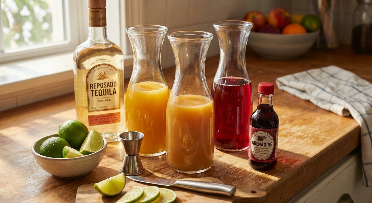 Measured cocktail ingredients on a kitchen counter including tequila, peach nectar, orange juice, cranberry juice, lime, and a small bottle of grenadine