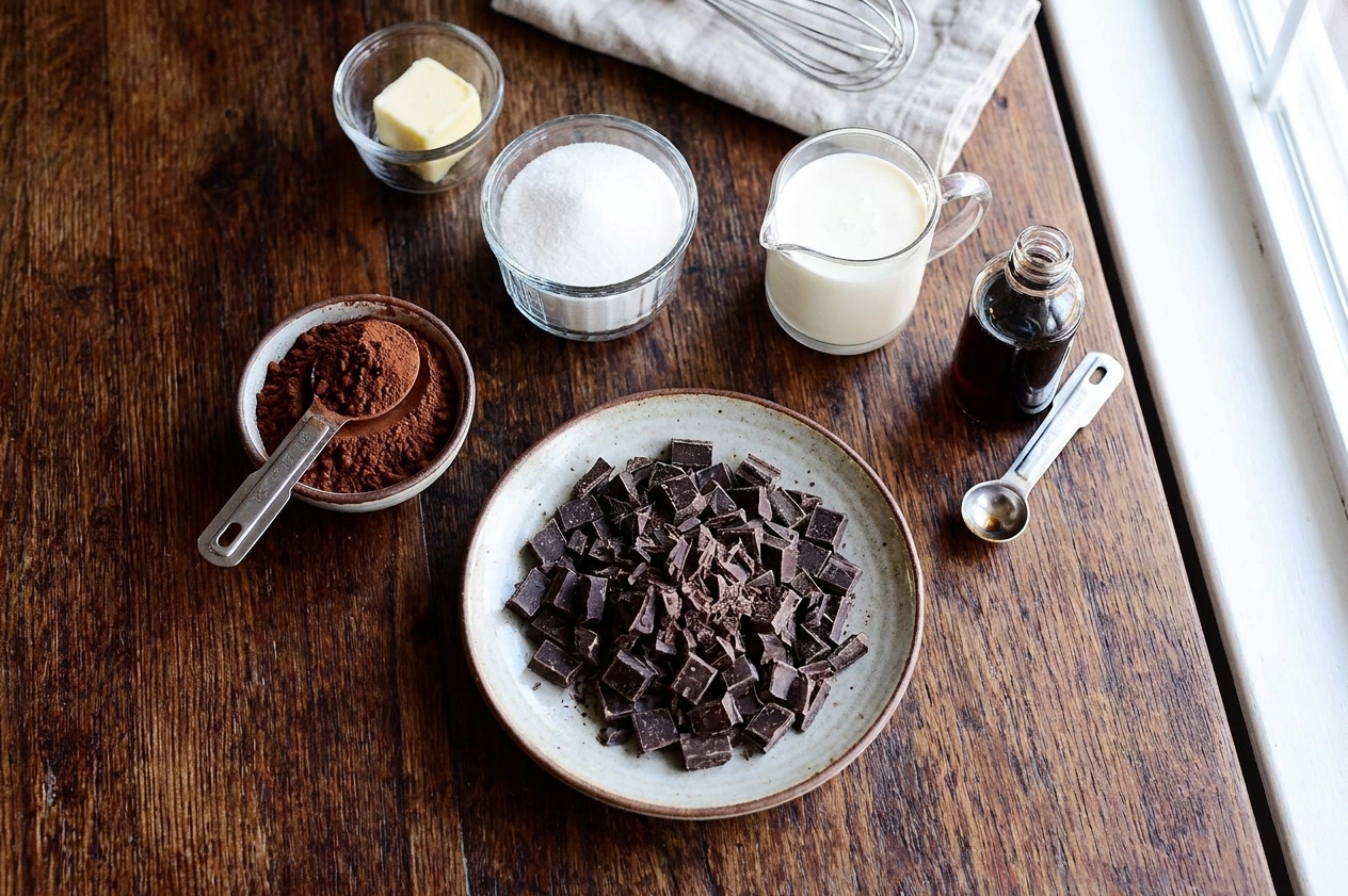 Measured cocoa powder, chopped chocolate, sugar, butter, cream, and vanilla arranged on a clean kitchen counter
