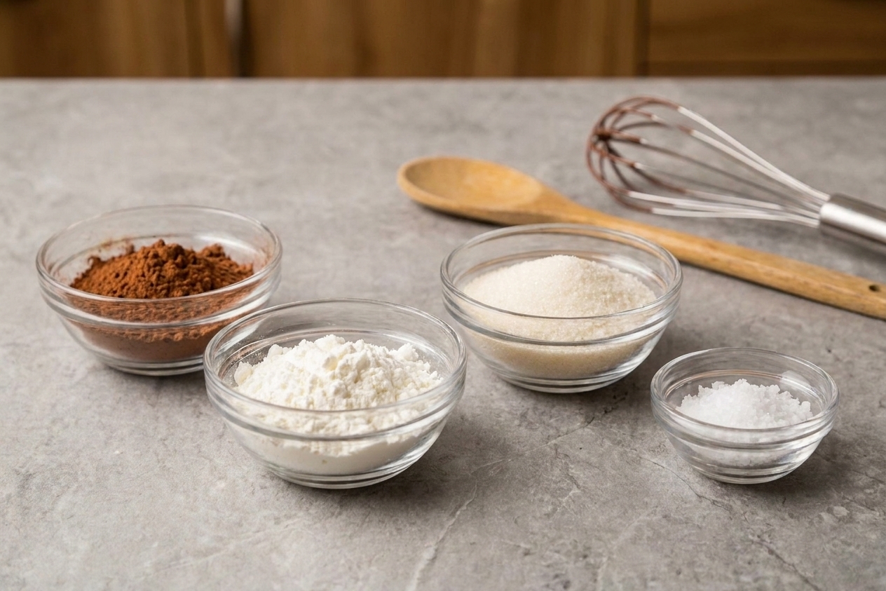 Measured cocoa powder, cornstarch, sugar, and salt in small bowls on a tidy kitchen counter, ready for pudding prep.
