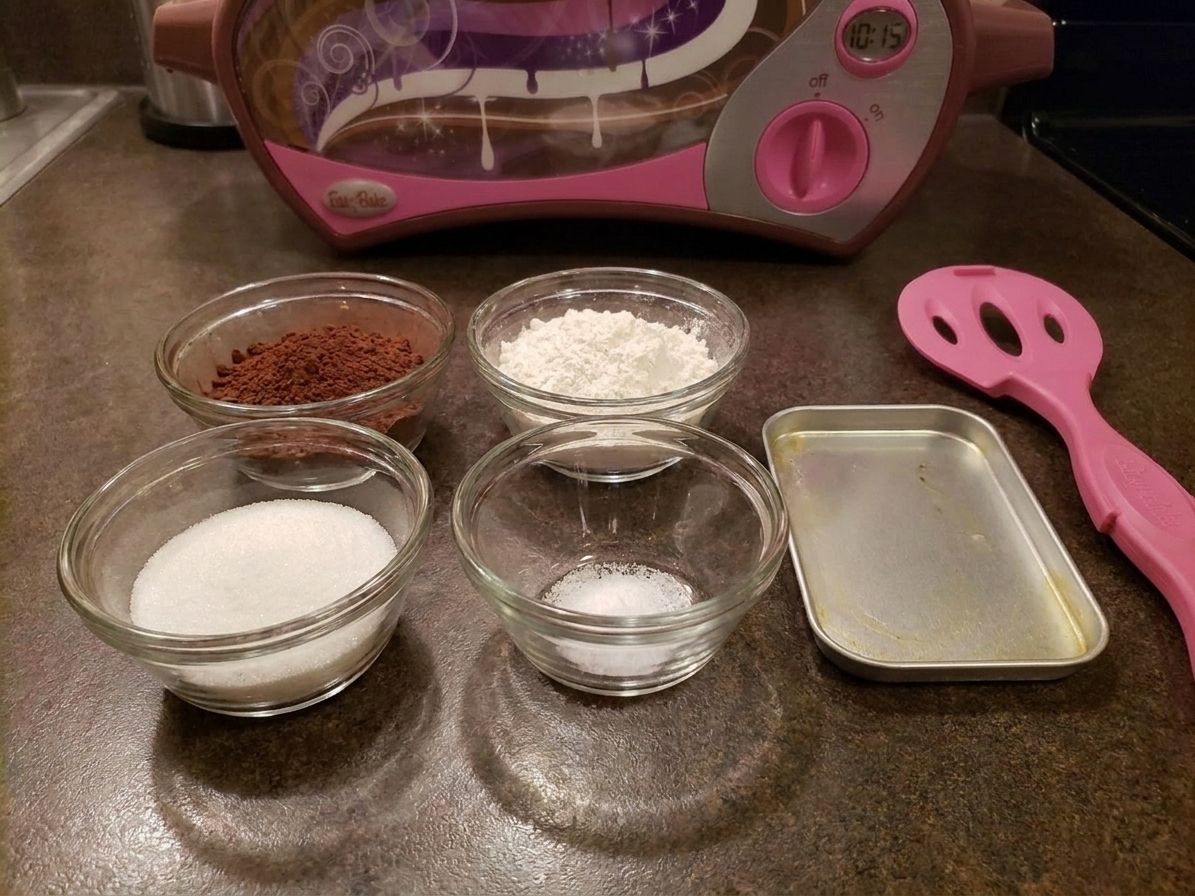 Measured cocoa powder, flour, sugar, and a pinch of salt in small bowls on a clean kitchen counter with a mini baking pan