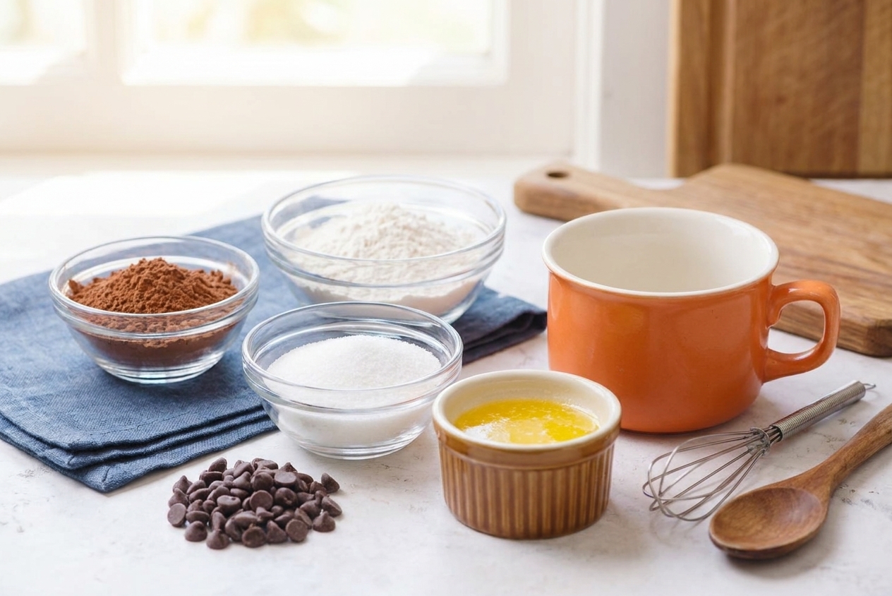 Measured cocoa powder, flour, sugar, chocolate chips, and a small bowl of melted butter arranged on a bright kitchen counter next to a microwave safe mug