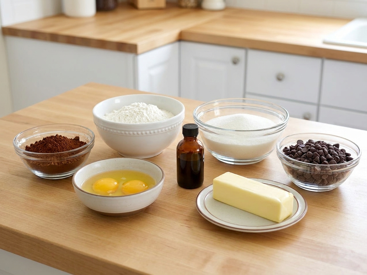 Measured cocoa powder, flour, sugar, eggs, vanilla, butter, and chocolate chips arranged in bowls on a kitchen counter