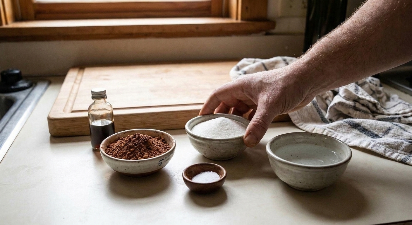 Measured cocoa powder, granulated sugar, salt, vanilla extract, and a small bowl of water arranged on a clean kitchen counter