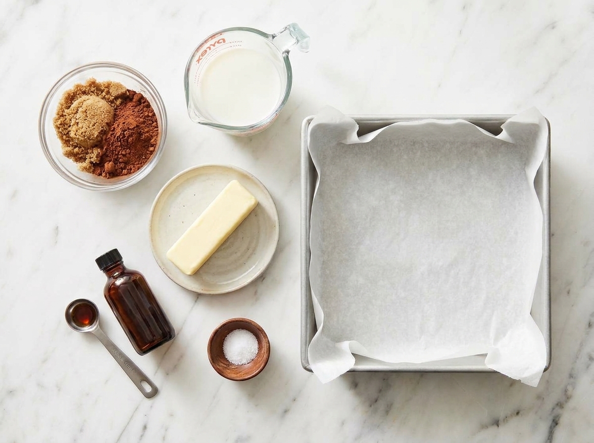 Measured cocoa powder, sugar, butter, milk, vanilla extract, and salt arranged on a light kitchen counter with a lined square pan nearby