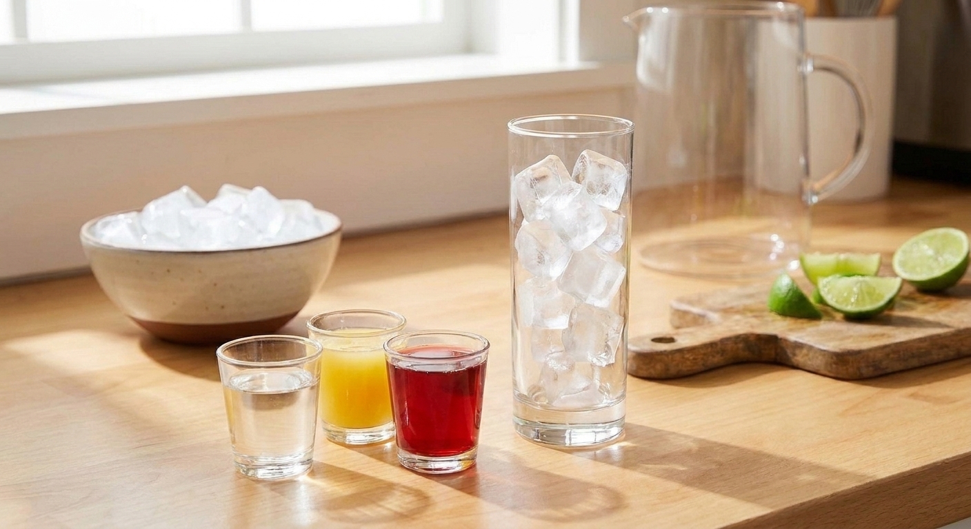 Measured coconut rum, pineapple juice, and cranberry juice in small cups beside a tall glass filled with ice on a kitchen counter