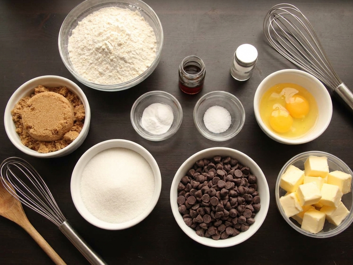 Measured cookie ingredients including all-purpose flour, brown sugar, granulated sugar, butter, eggs, vanilla, baking soda, salt, and chocolate chips arranged on a clean kitchen counter