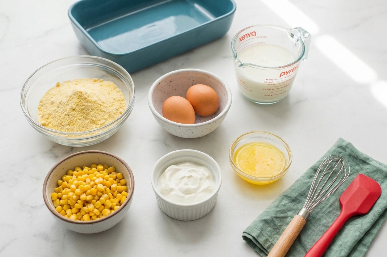 Measured cornbread pudding ingredients in small bowls including cornmeal, milk, eggs, sour cream, melted butter, and drained corn on a bright, neutral kitchen counter