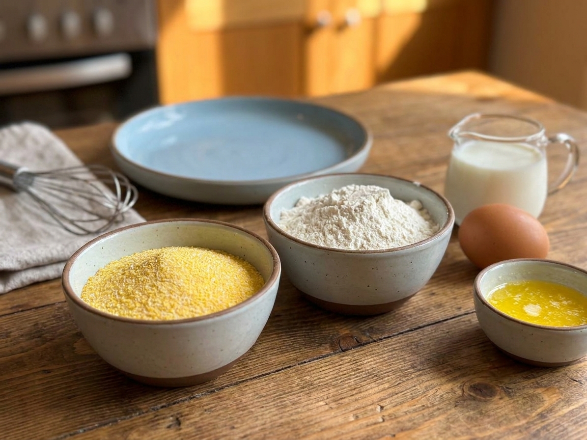 Measured cornmeal and flour in bowls with milk, egg, and melted butter nearby on a warm-lit kitchen counter
