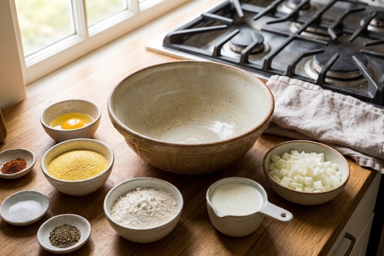 Measured cornmeal, flour, buttermilk, egg, diced onion, and spices arranged on a bright kitchen counter with a mixing bowl