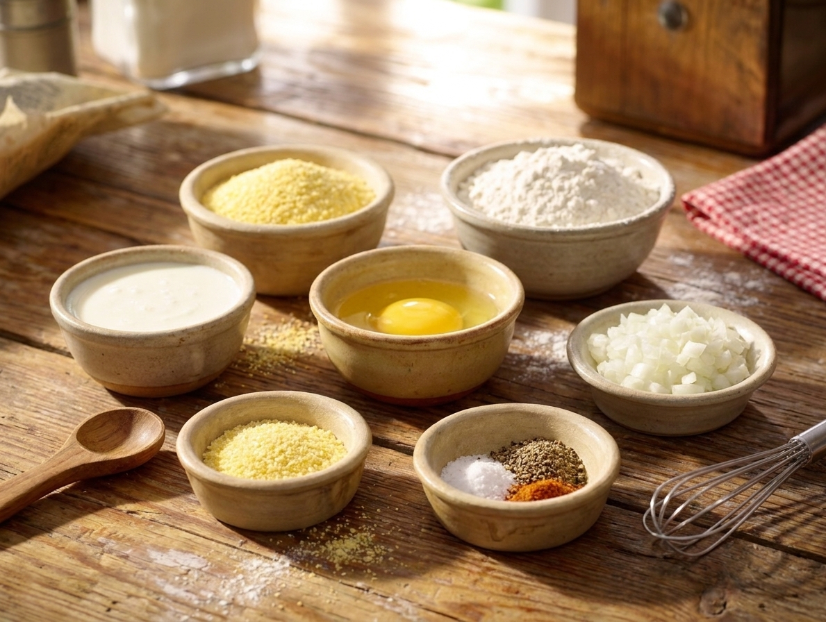 Measured cornmeal, flour, buttermilk, egg, diced onion, and seasonings arranged in small bowls on a bright kitchen counter
