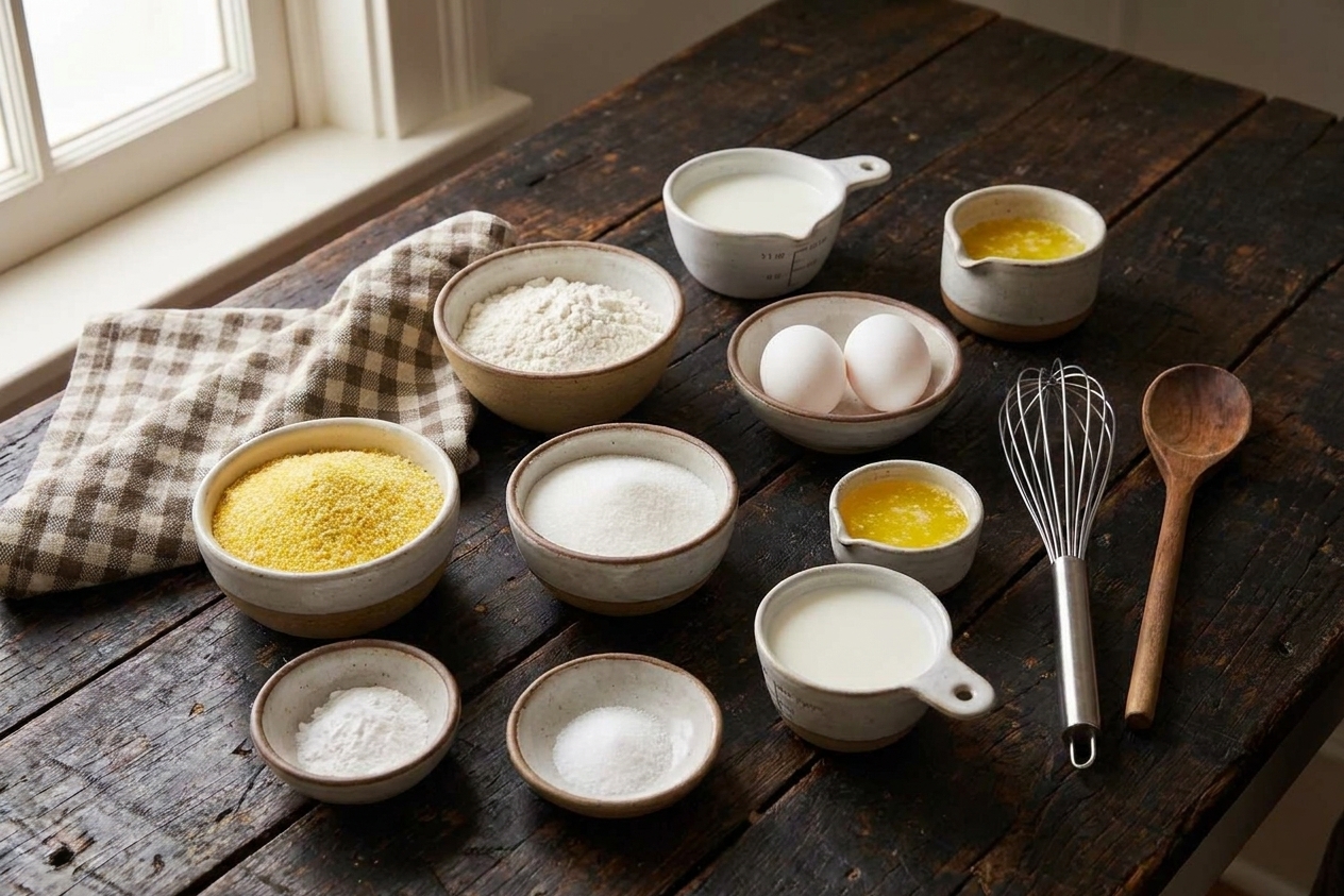 Measured cornmeal, flour, sugar, baking powder, salt, eggs, milk, and melted butter arranged on a tidy kitchen counter in small bowls, warm natural light
