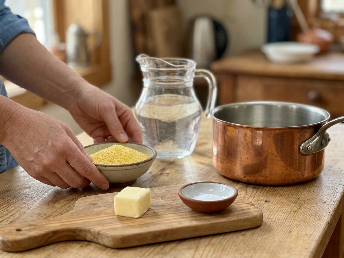Measured cornmeal, salt, butter, and a small pitcher of water arranged on a clean kitchen counter with a saucepan nearby