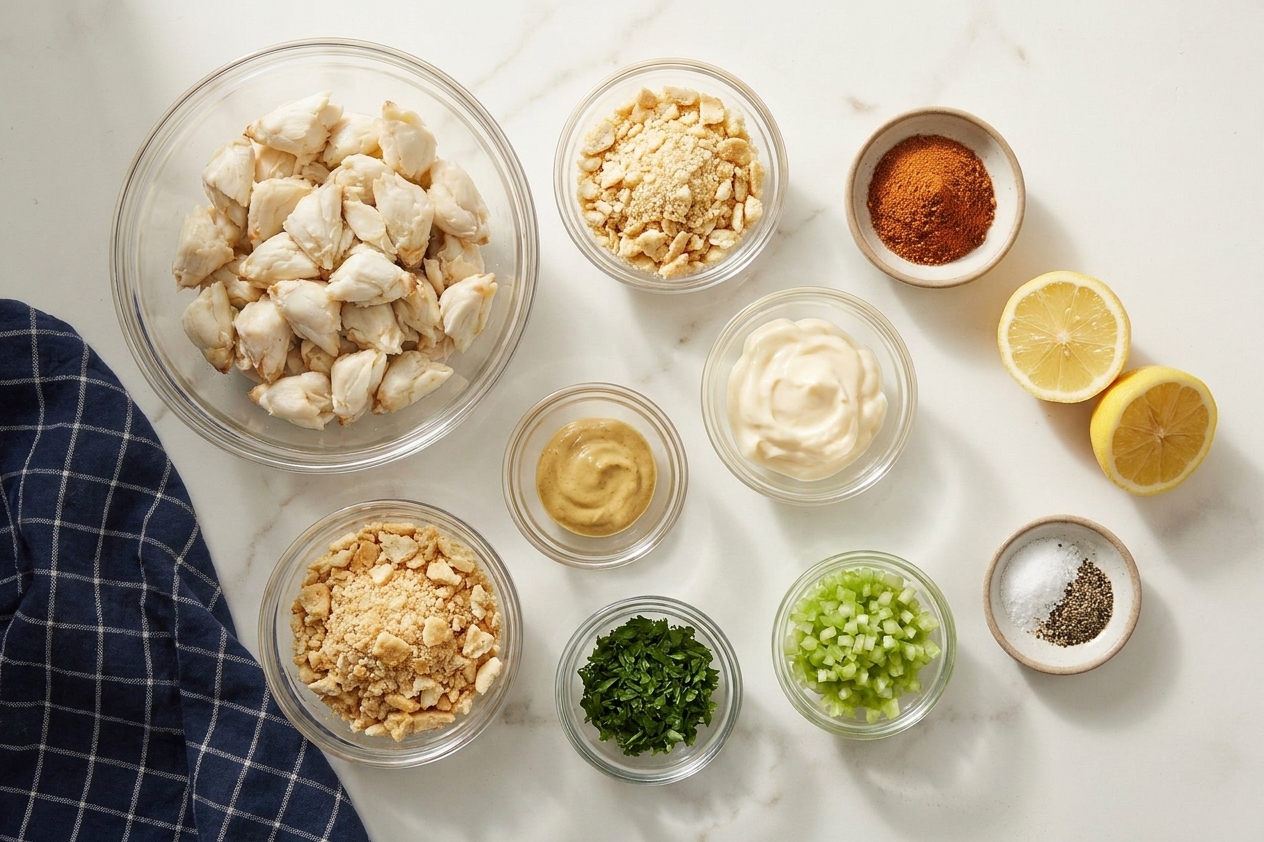 Measured crab cake ingredients including jumbo lump crab, crushed crackers, egg, mayonnaise, lemon, mustard, parsley, celery, and seasonings arranged on a bright kitchen counter