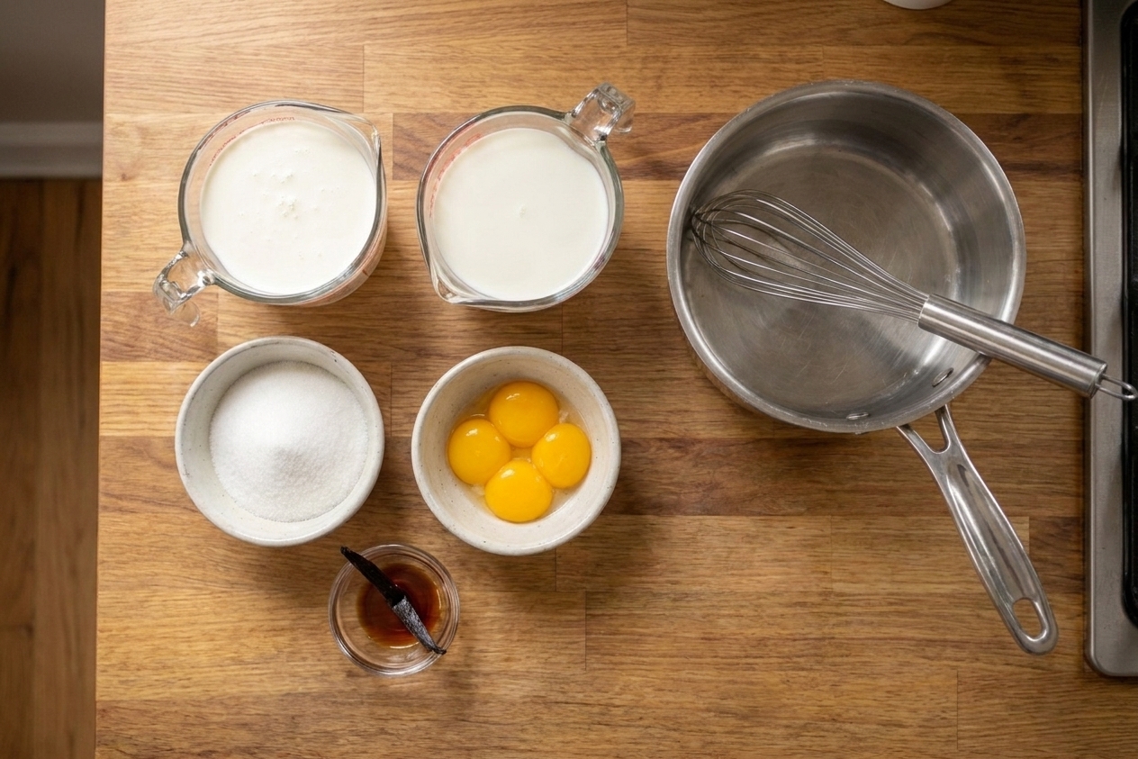 Measured cream, milk, sugar, egg yolks, and vanilla on a tidy kitchen counter with a saucepan and whisk ready to use, overhead view