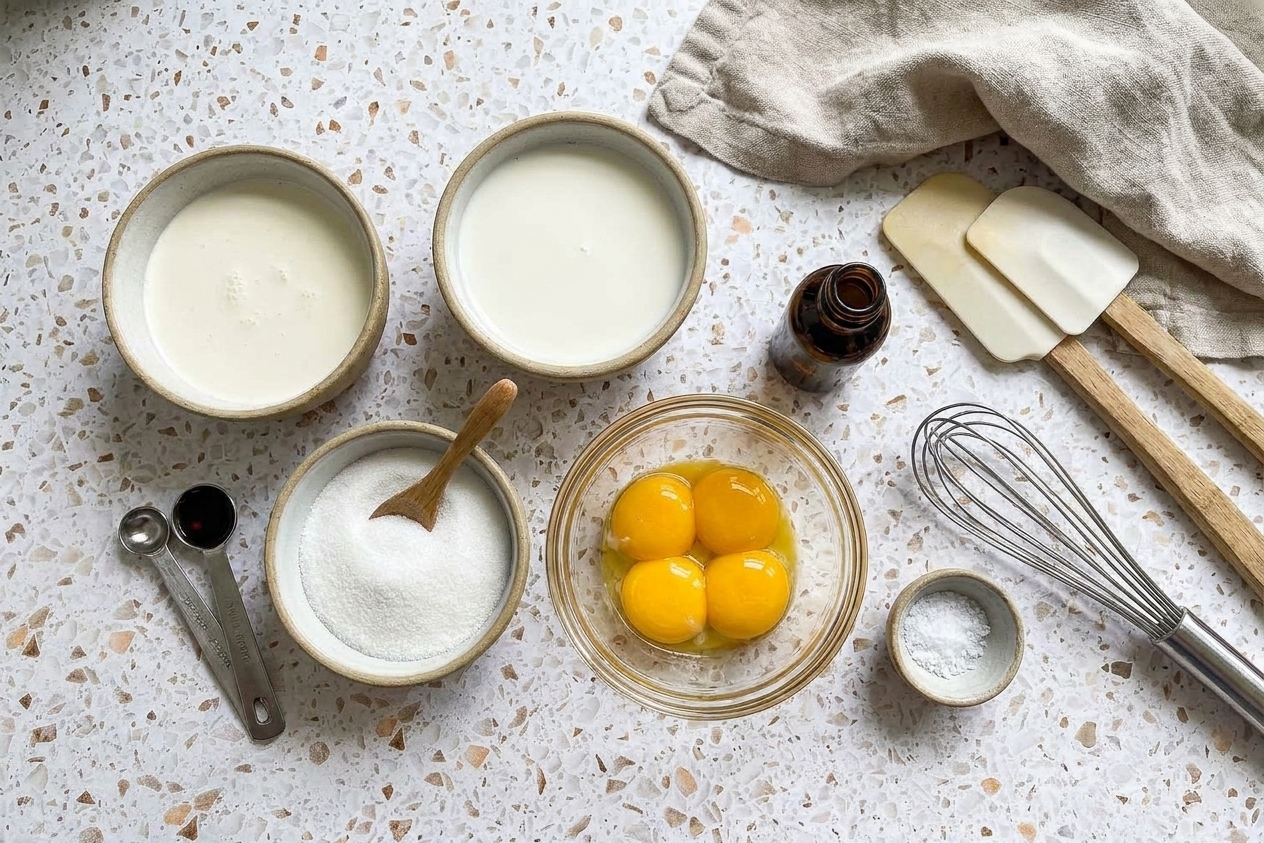Measured cream, milk, sugar, egg yolks, vanilla extract, and salt arranged on a clean kitchen counter