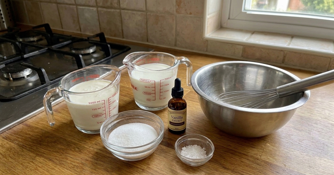 Measured cream, whole milk, sugar, vanilla extract, and salt arranged on a clean kitchen counter with a metal whisk and mixing bowl nearby