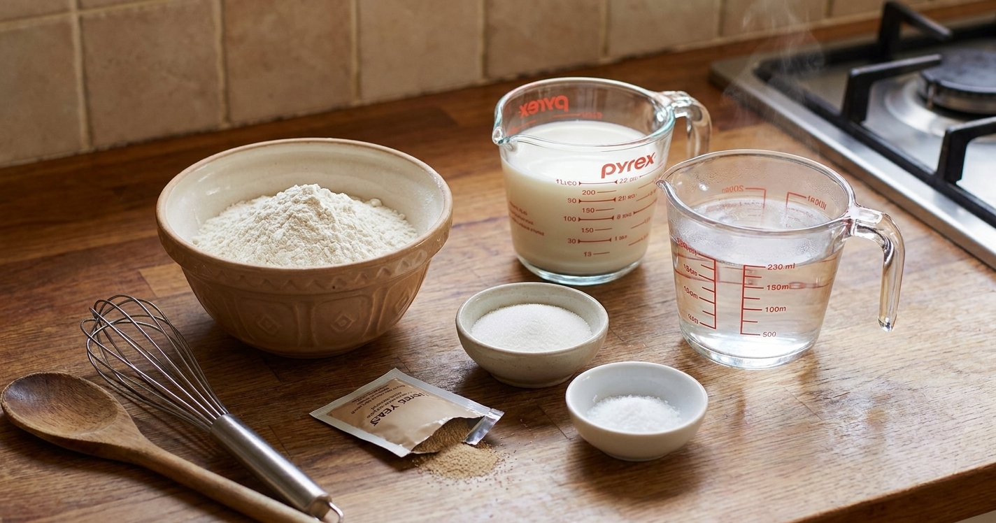 Measured crumpet ingredients on a kitchen counter including flour in a bowl, a packet of yeast, sugar, salt, a measuring cup of milk, and a measuring cup of warm water