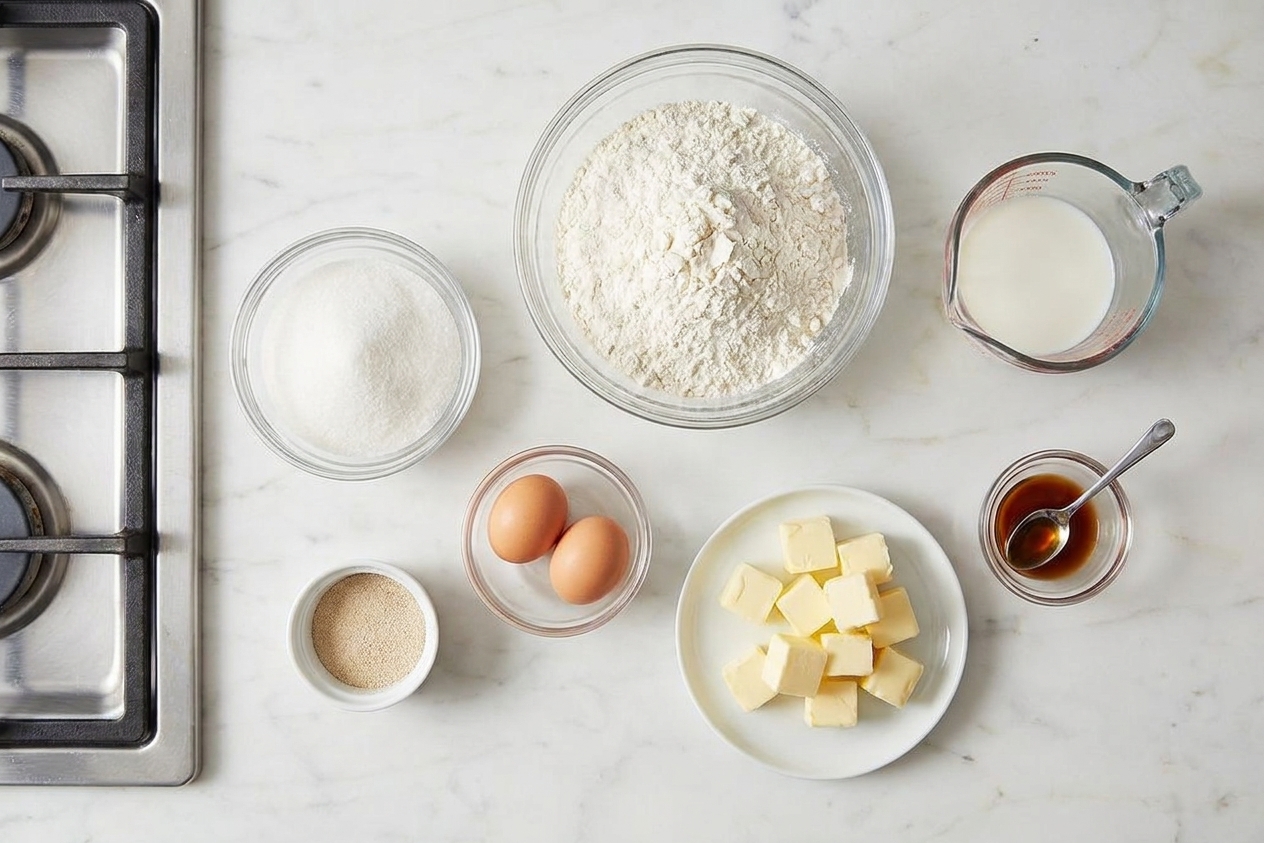 Measured donut ingredients including flour, sugar, yeast, eggs, milk, butter, and vanilla