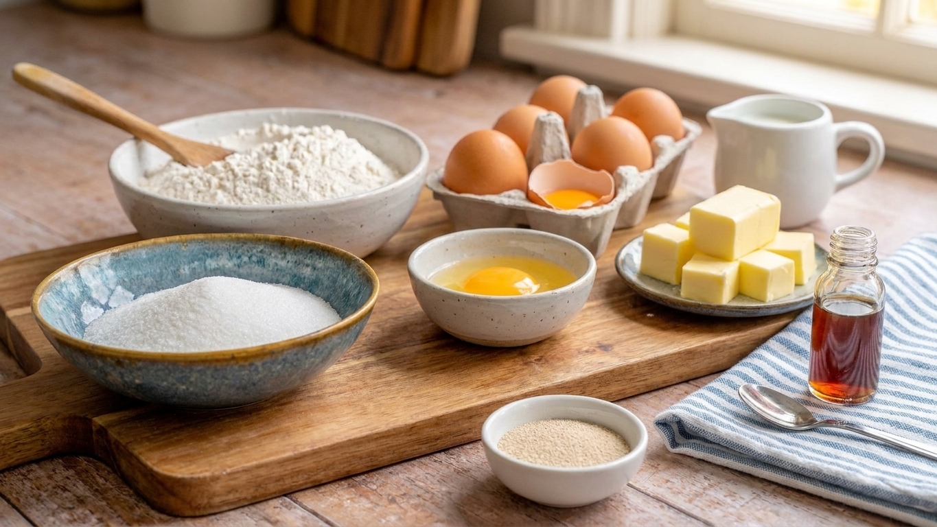 Measured donut ingredients like flour, sugar, eggs, butter, milk, yeast, and vanilla