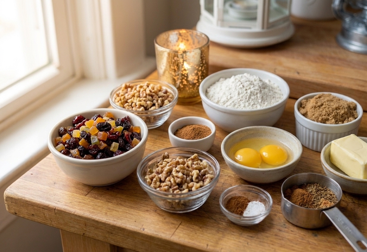 Measured dried fruit, chopped nuts, flour, spices, eggs, and butter arranged on a clean kitchen counter with warm natural light