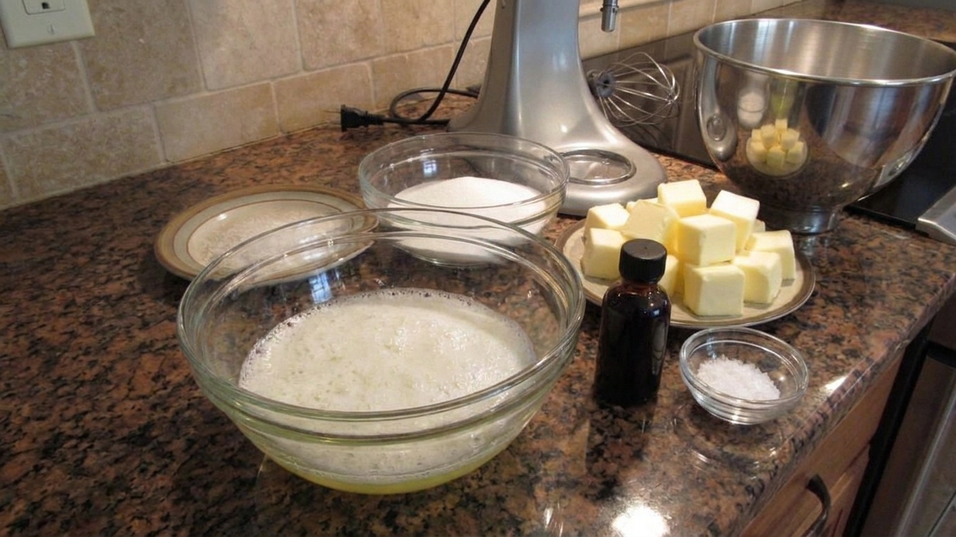 Measured egg whites, granulated sugar, butter, vanilla, and salt arranged on a clean kitchen counter with mixing bowls and a stand mixer nearby